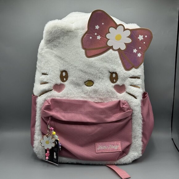 Hello Kitty Kawaii Fuzzy Backpack Shimmery Bow NEW